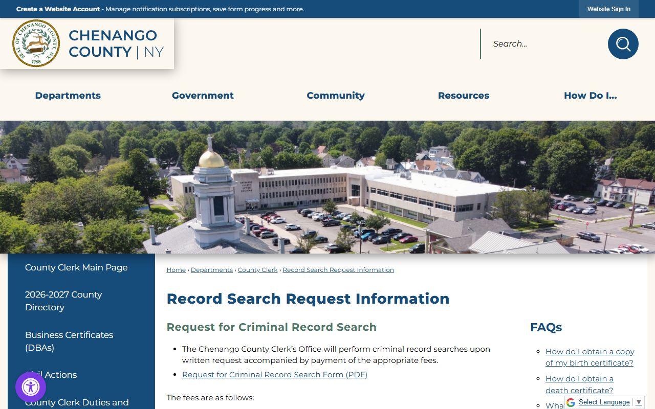Chenango County court records after arrest Clerk criminal search fees