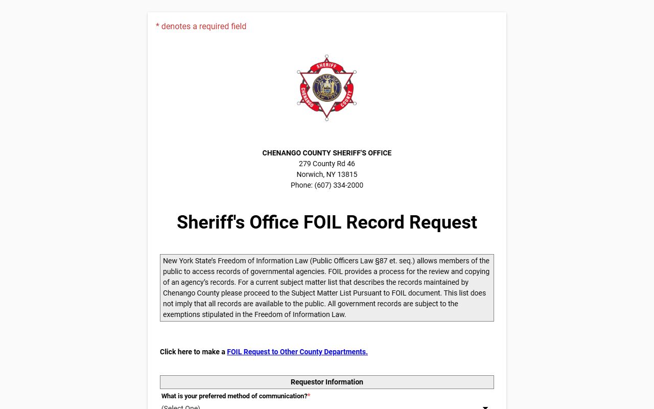 Chenango County jail mugshots FOIL request portal