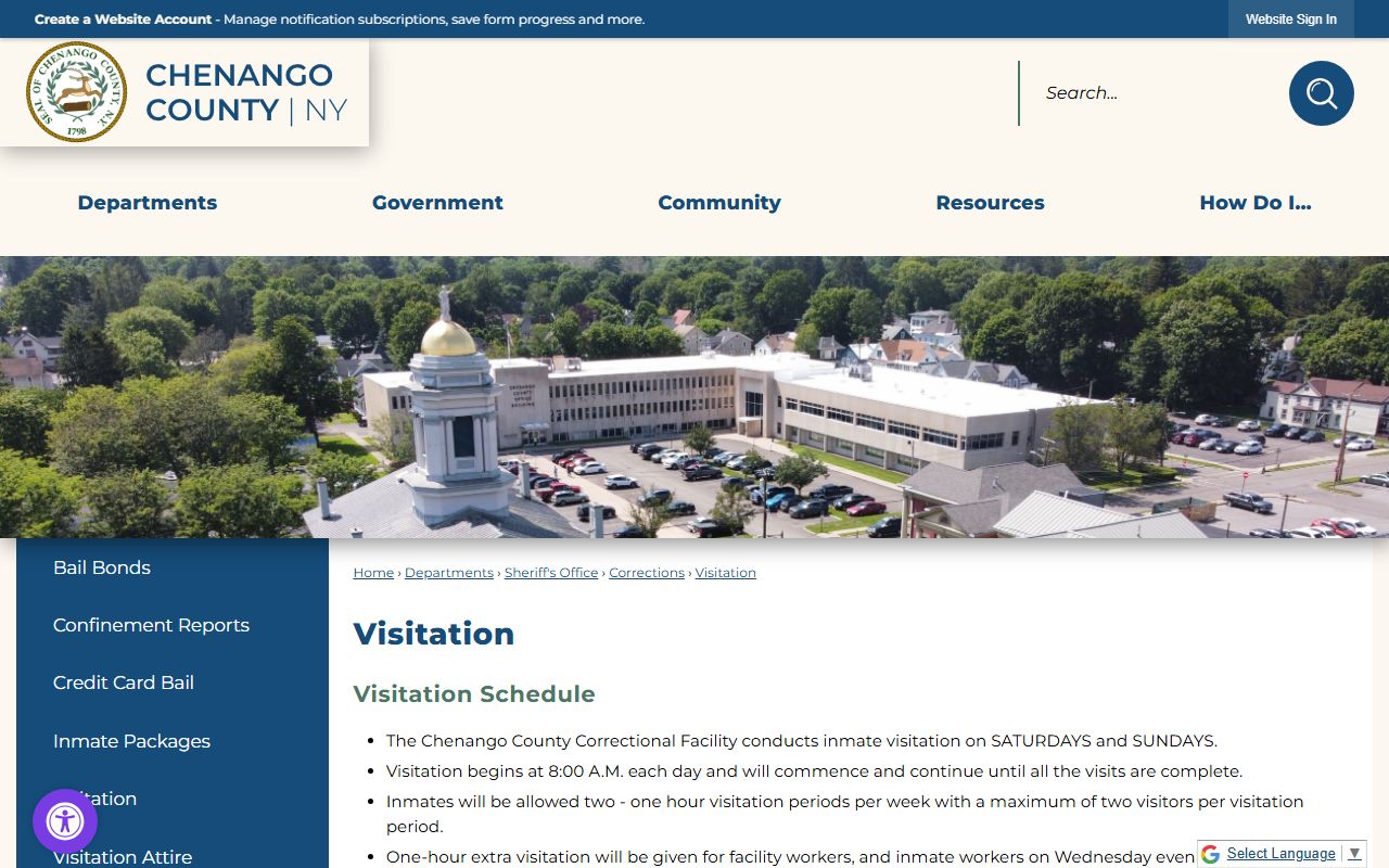 Chenango County Correctional Facility visitation schedule for jail inmates